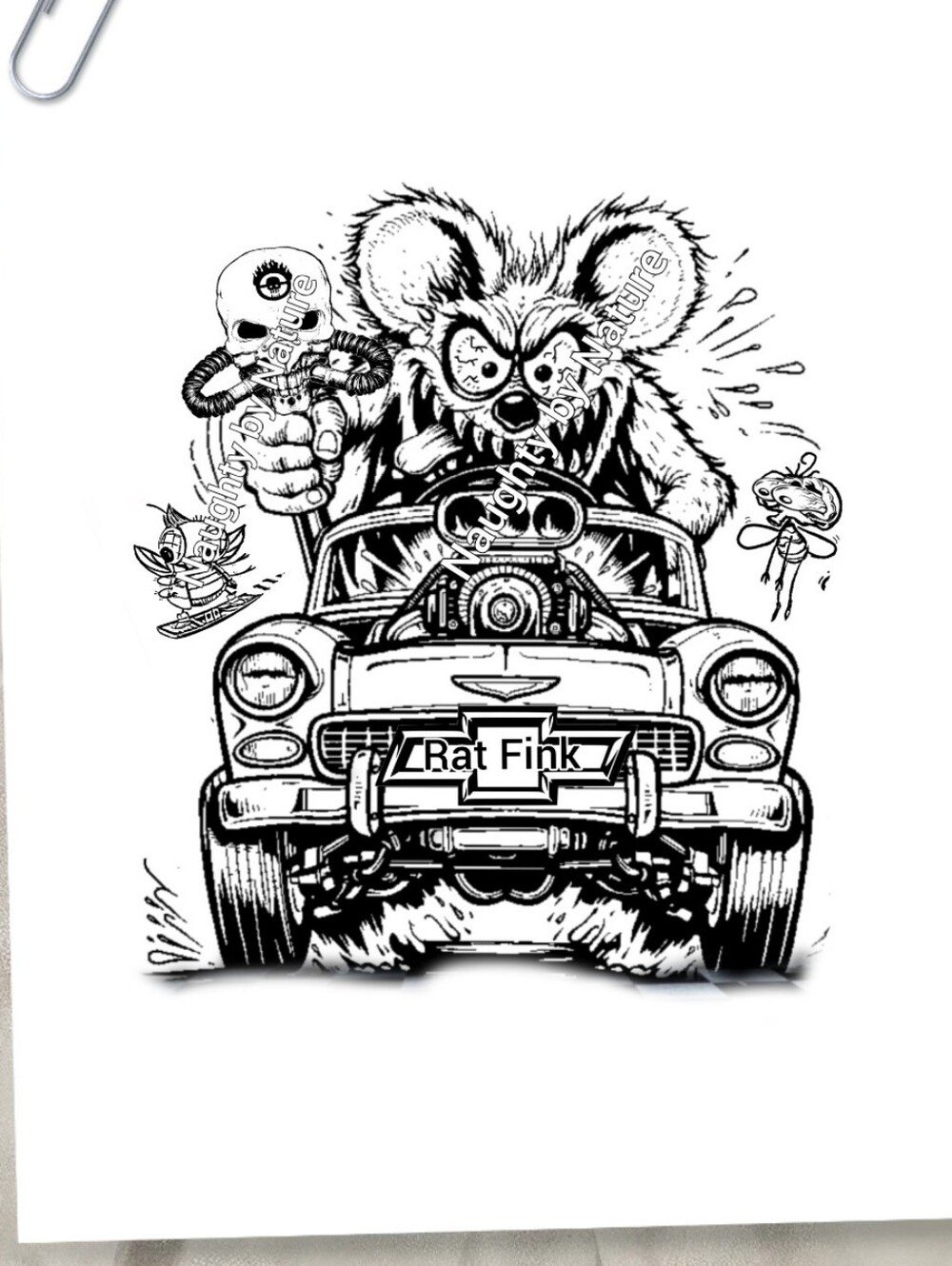 Rat Fink Scoundrel Black & White Hot Rod Art Print Ready To Paint